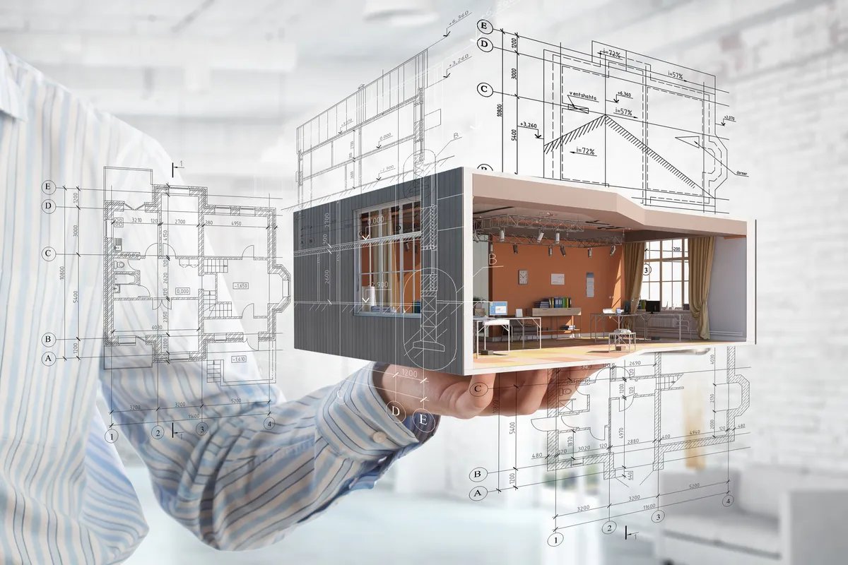 Een 3D-model van een gebouw met de bouwtekening eromheen